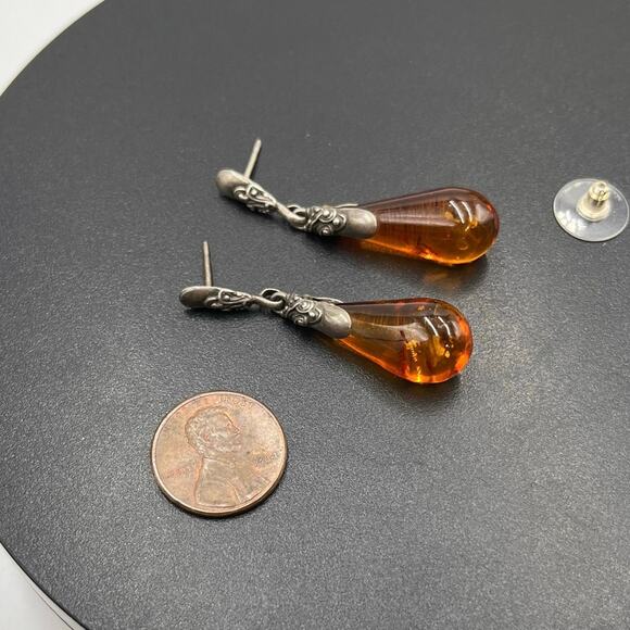 Sterling Silver Large Cognac Teardrop Baltic Amber Pierced Detailed Top Earrings - Picture 6 of 7